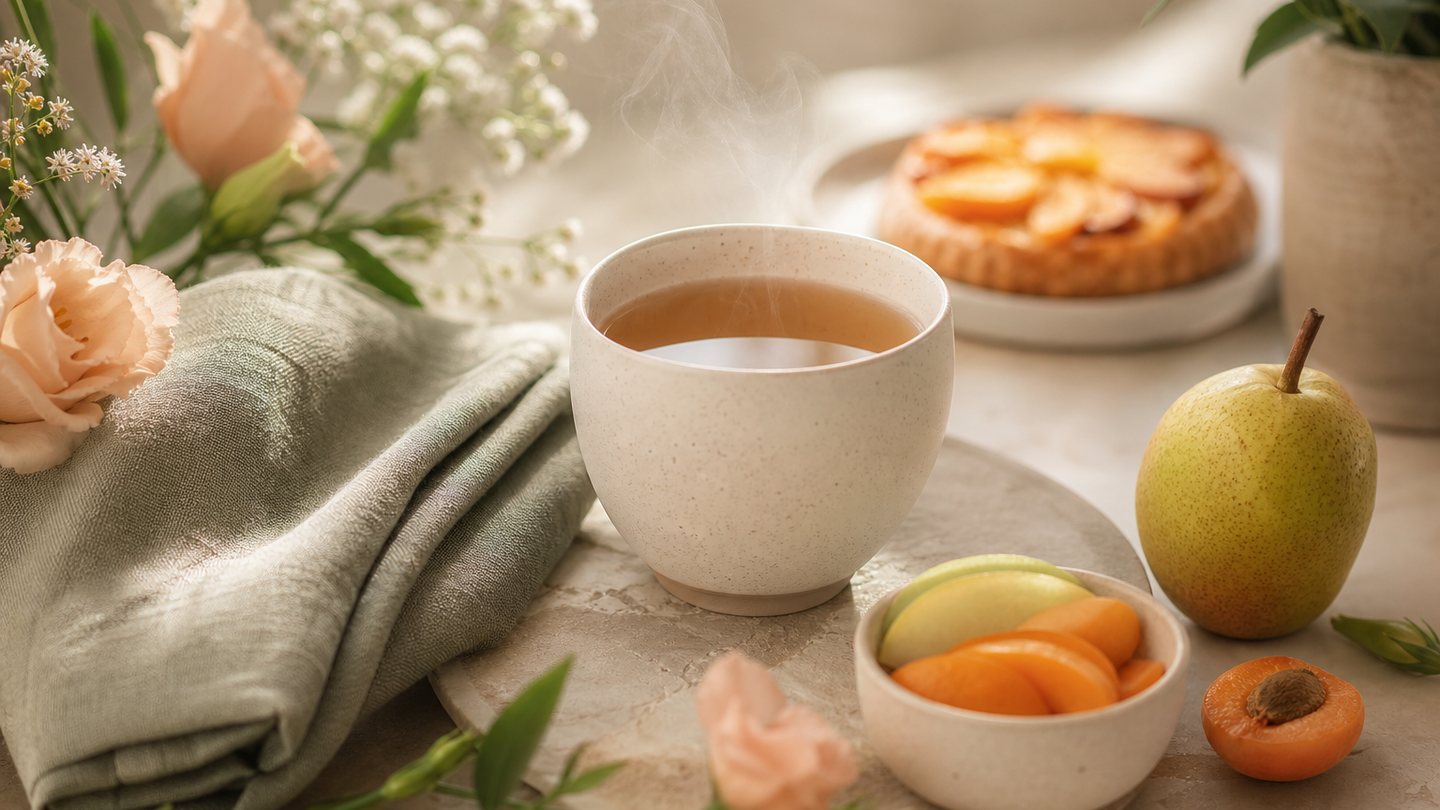 Infusion, fleurs et douceur pâtissière illustrant les rituels sensoriels du quotidien
